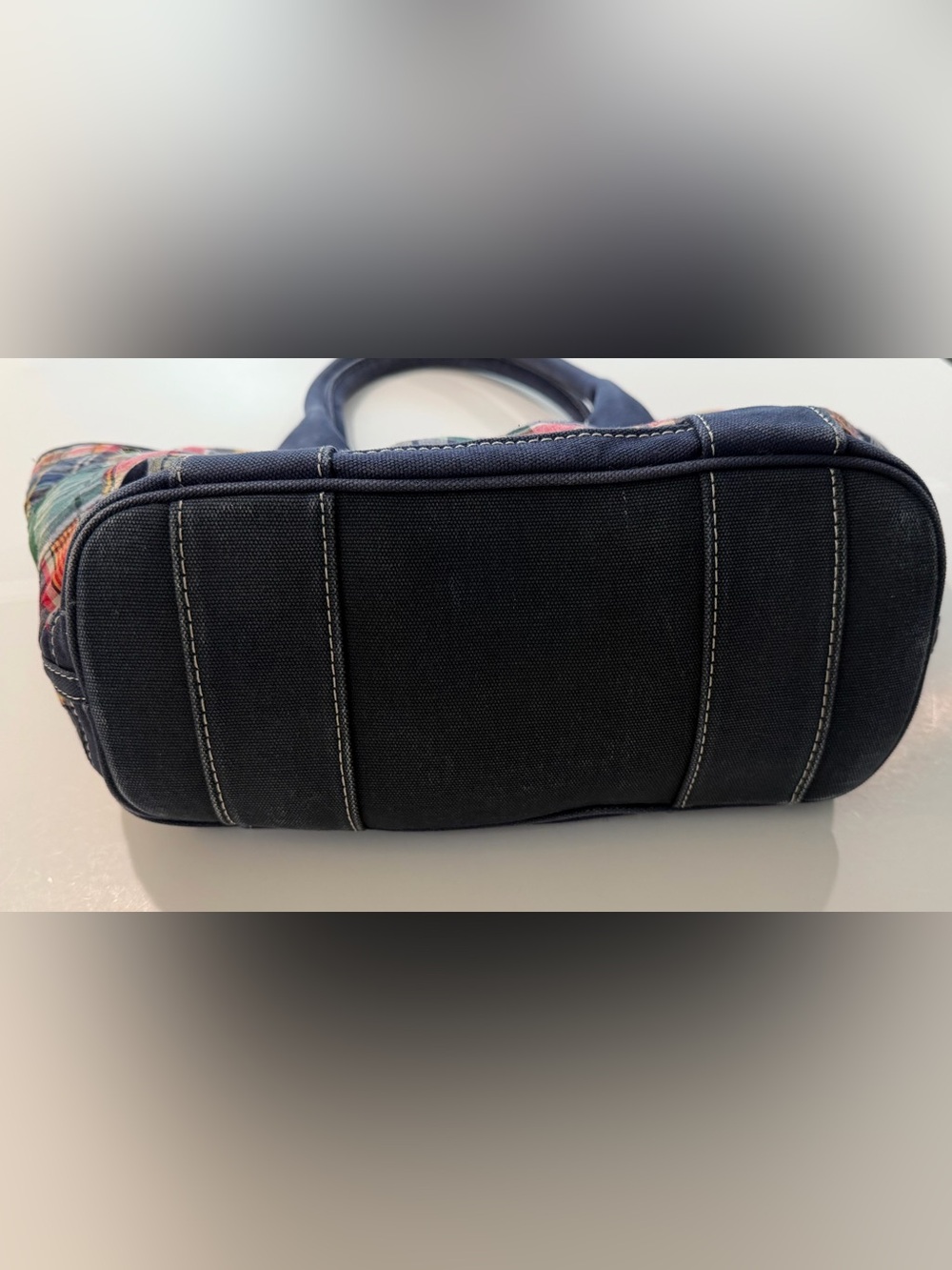 Madras Patchwork Plaid Vintage J.Crew Large Tote Bag Navy Canvas - Picture 8 of 16